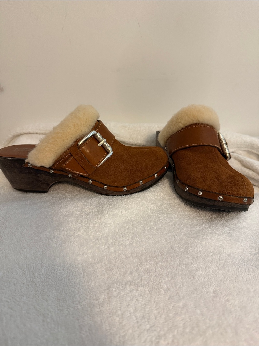 Michael Kors Chestnut Suede Shearling studded Clog Mules with Silver Buckle